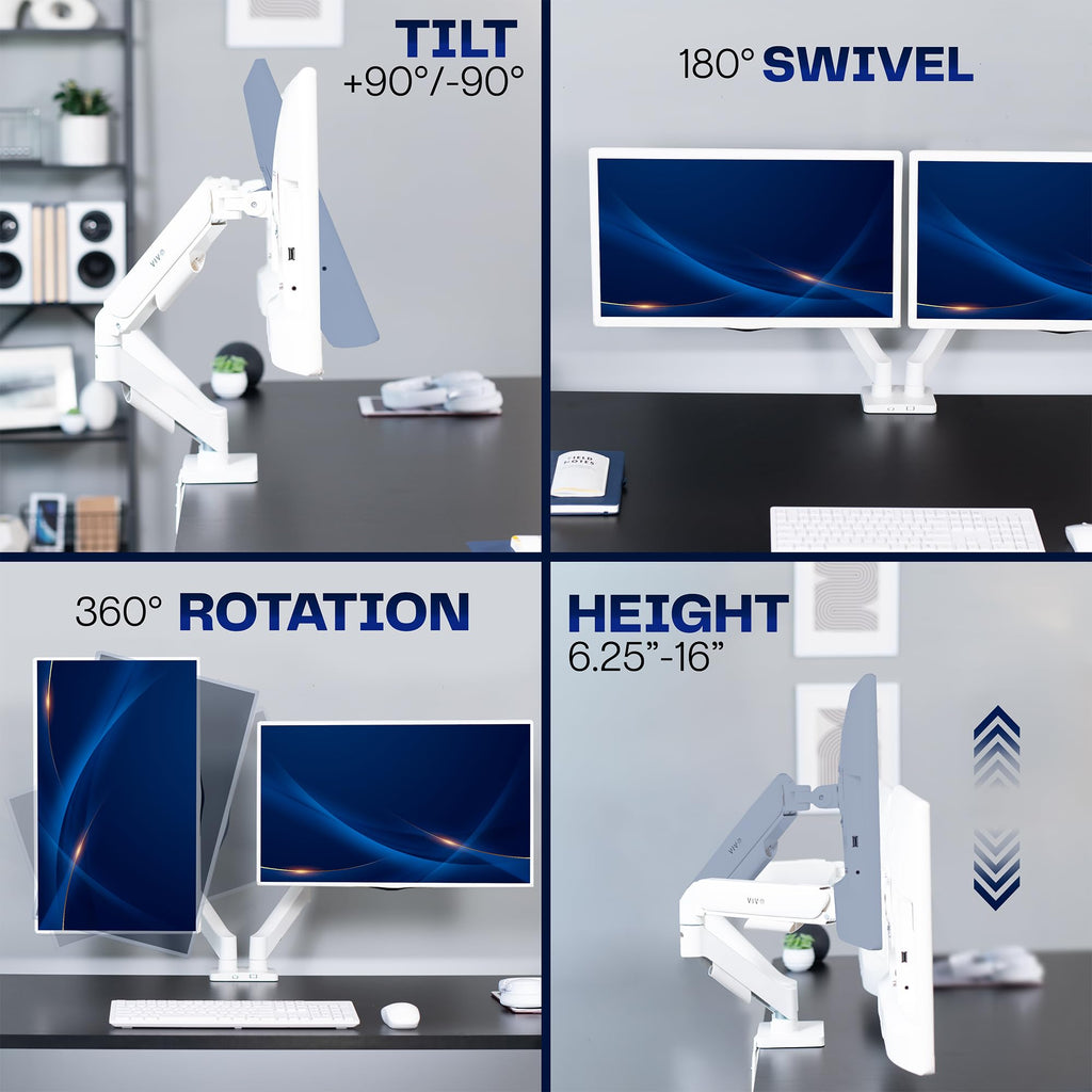 Dual Monitor up to 32 inches and 19.8 lbs per Screen, Mechanical Arm Desk Mount, Articulating Counterbalance, VESA Stand, Classic, White STAND-V002OW