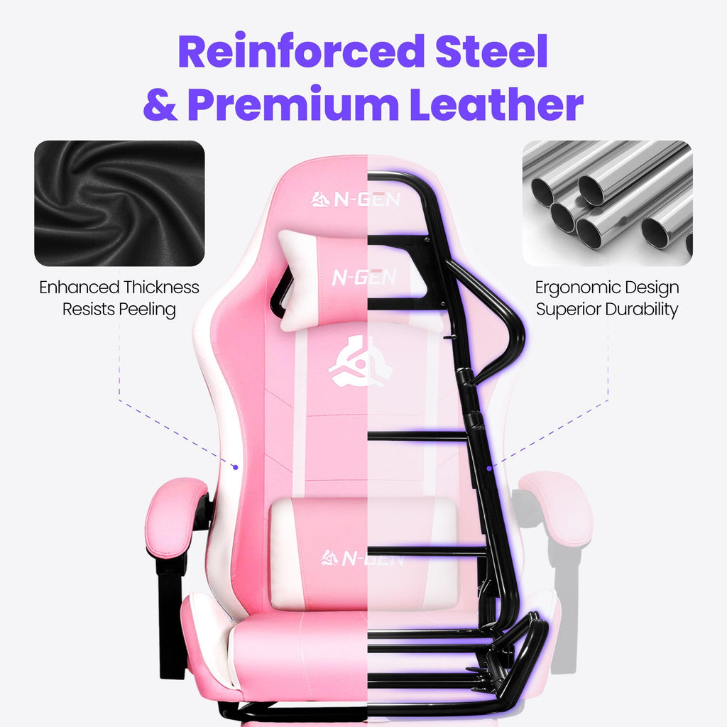 Video Gaming Chair with Footrest Lumbar Support for Home Office High Back Recliner Height Adjustable Ergonomic Comfy Leather Computer Desk Chair (Pink)