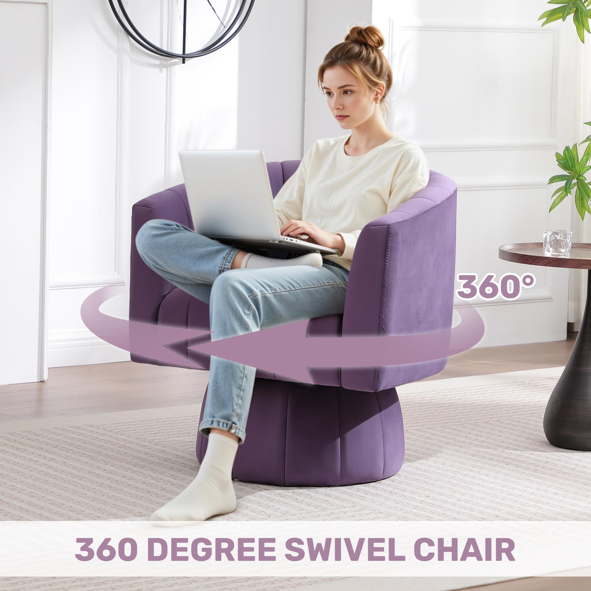 Swivel Accent Barrel Chair Set of 2, Cute Comfy Small Round 360° Arm Chair, Velvet Sofa Club Reading Chair for Living Room Bedroom Office Purple