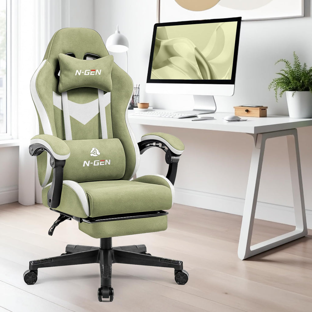 Video Gaming Chair with Footrest Lumbar Support for Home Office High Back Recliner Height Adjustable Ergonomic Comfy Fabric Computer Desk Chair (Green)