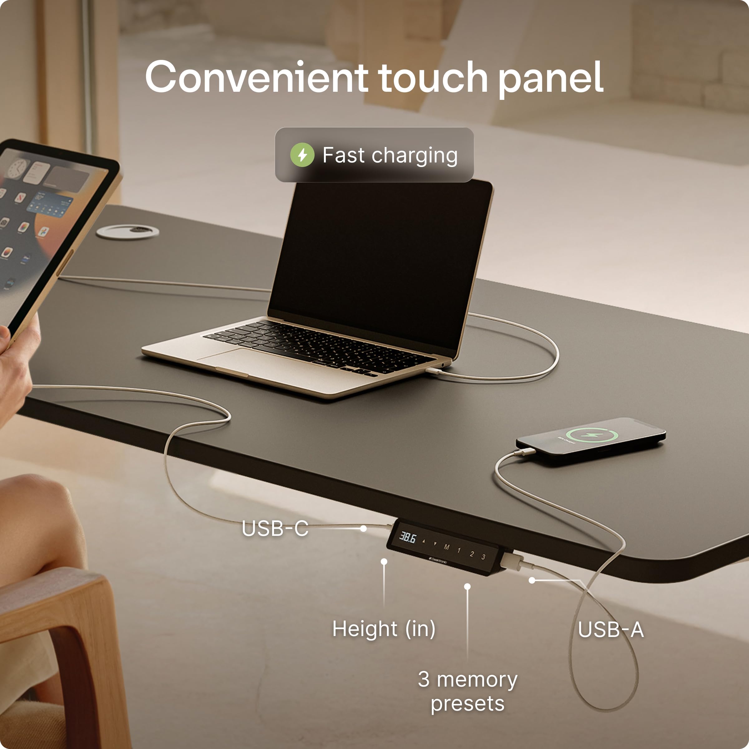 HomePro Standing Desk 54x28 — Made in Europe, Ergonomic Sit Stand Home Office Desk, Electric Height Adjustable, Dual Motor, USB & USB-C Charging, Wobble-Free, Touchscreen, 3 Memory Presets