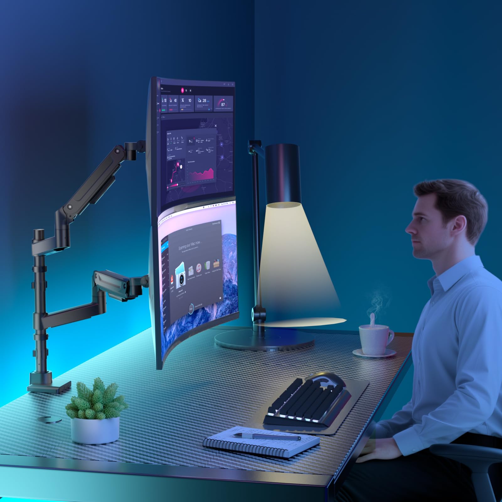 Dual Monitor Mount for Ultrawide Heavy Duty Curved Monitor Stacking, Dual Monitor Arms Fits 13-49 Inch for Ultrawide Screens up to 44lbs, 49 inch Monitor Arm, Black