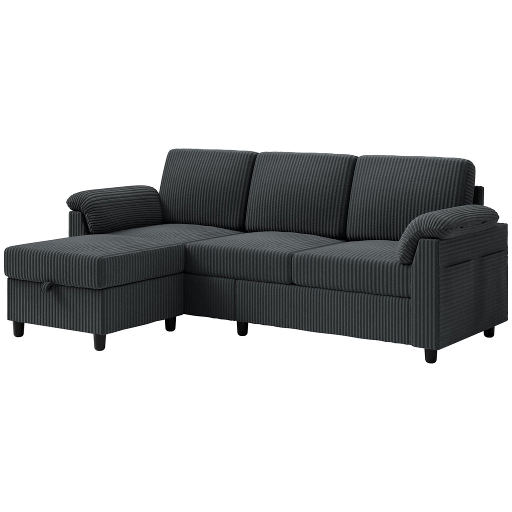 Convertible Sectional Sofa Couch, 3 Seat L Shaped Sofa with Removable Pillows Soft Corduroy Fabric Small Couch Mid Century for Living Room, Apartment and Office, Dark Grey