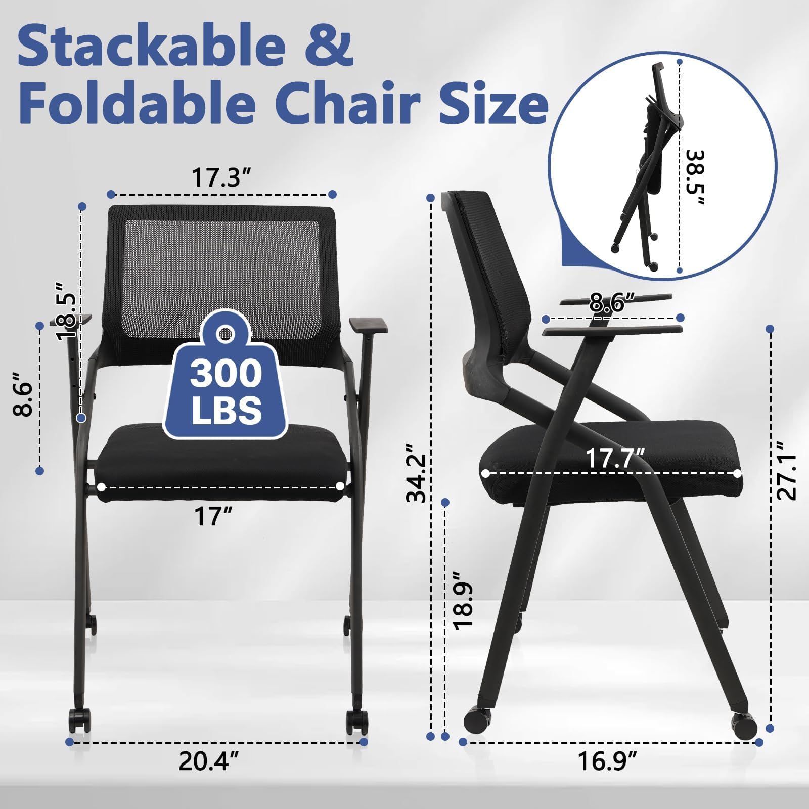 Stackable Foldable Chairs with Wheels, Portable Padded Office Desk Chair with Lumbar Support and Armrest for Conference School Lobby Break Waiting Training Room Guest Reception, Black 10 Pack