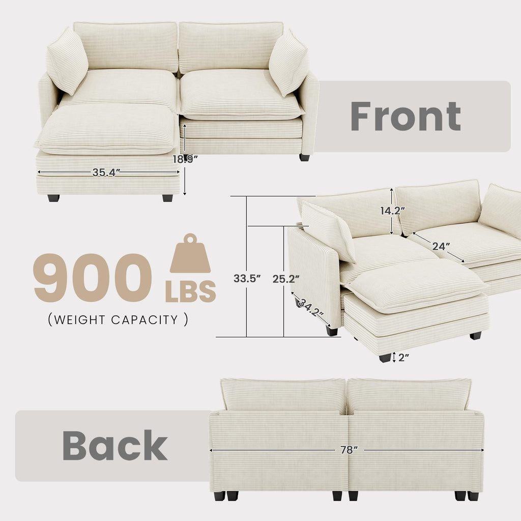 78'' Modular Sectional Cloud Couch with Movable Ottoman, 3 Seat Comfy Modern Corduroy Sofa with 2 Throw Pillows, Deep Seat L Shaped Couch for Living Room Bedroom Apartment, Beige