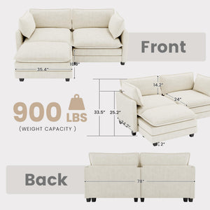 78'' Modular Sectional Cloud Couch with Movable Ottoman, 3 Seat Comfy Modern Corduroy Sofa with 2 Throw Pillows, Deep Seat L Shaped Couch for Living Room Bedroom Apartment, Beige