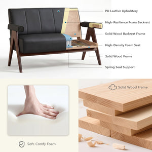 Black Leather Loveseat Sofa and Accent Chairs Set of 2, Mid-Century Modern Office Furniture Couch and Chair Set, Small Love Seat Couches with Wood Arm, 3 Pieces Living Room Furniture Sets (3)