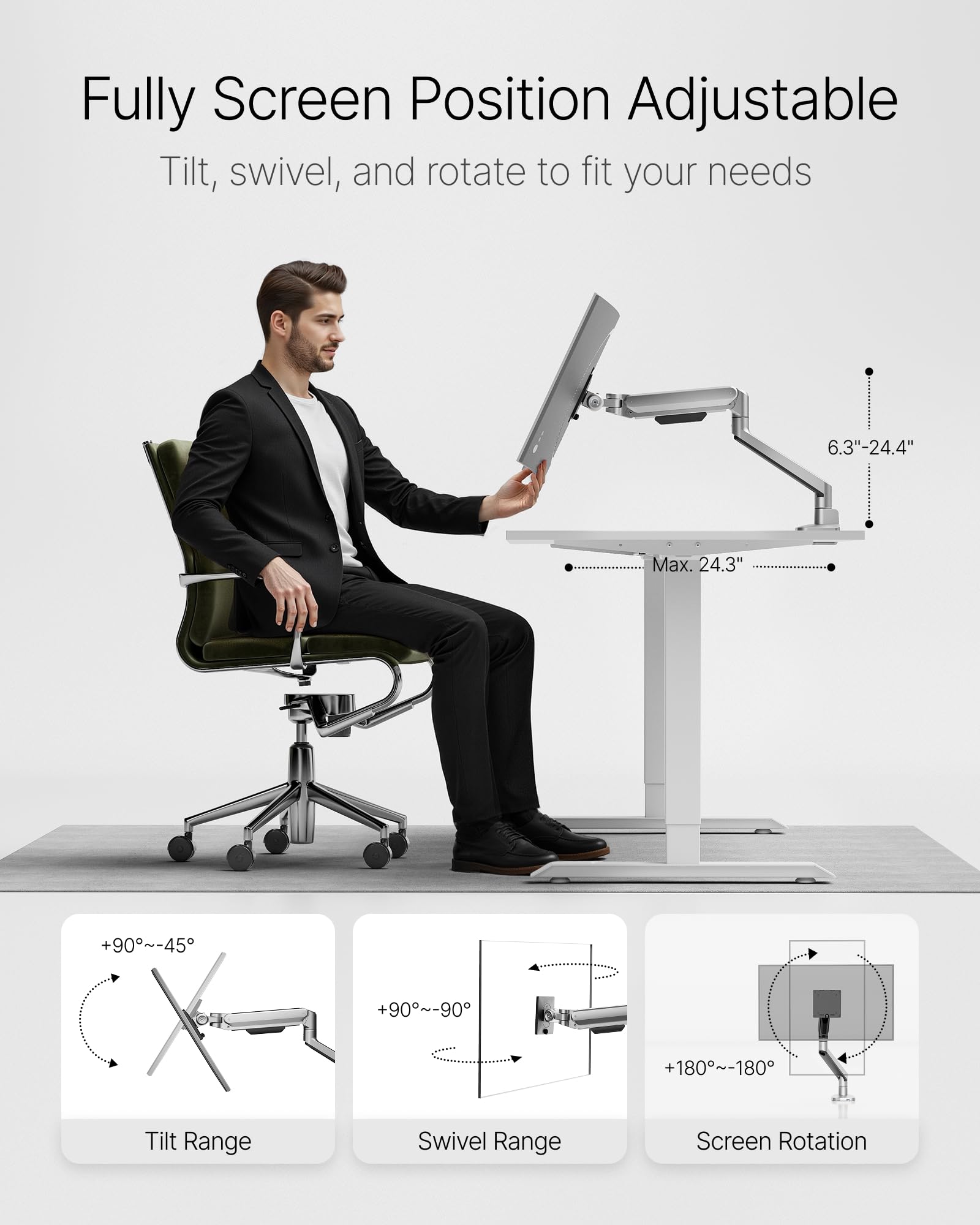 Deluxe Monitor Arm with USB A/C up to 40 Inch Holds 26.4 lbs Curved Screens Aluminum Fully Motion Single Monitor Stand with Clamp/Grommet, Quick Release Plate,75/100mm VESA,MA1008UCSL
