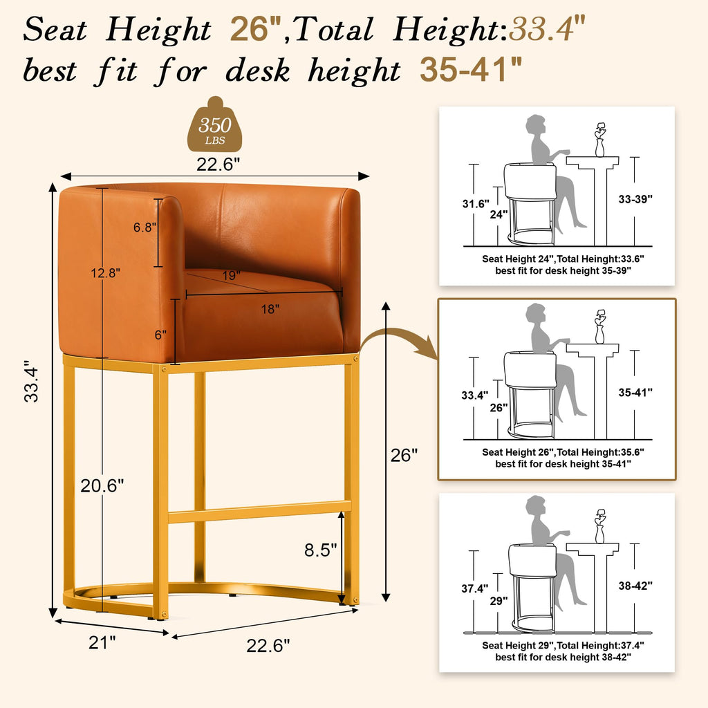 Modern Counter Height Bar Stools,Bar Stools Set of 2,PU Leather Upholstered Barrel Barstools with Backs,26'' Kitchen Island Chairs,Metal Gold Frames,Camel Brown Leather