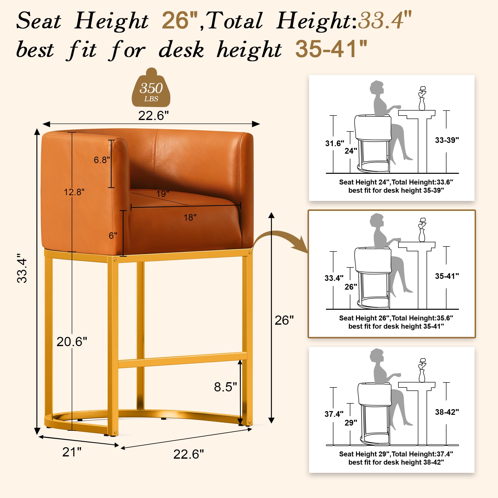 Modern Counter Height Bar Stools,Bar Stools Set of 2,PU Leather Upholstered Barrel Barstools with Backs,26'' Kitchen Island Chairs,Metal Gold Frames,Camel Brown Leather