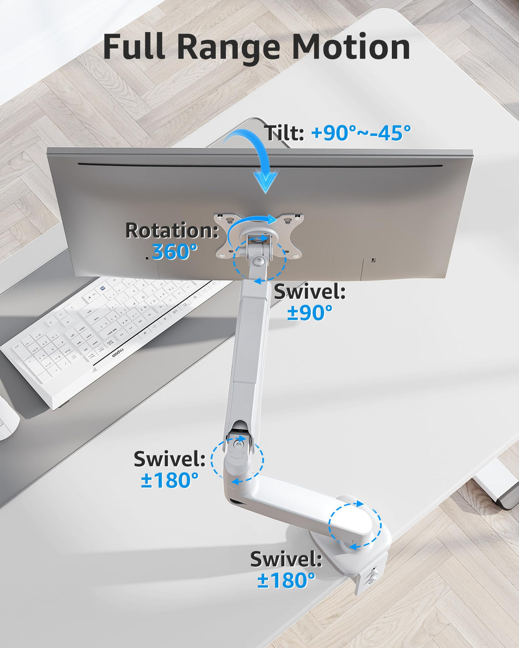 Single Monitor Desk Mount Holds Screen up to 32 inch, Height Adjustable Monitor Arm, Full Motion Computer Monitors Stand with Clamp/Grommet Base, VESA Mounts Fit 4.4-17.6lbs Computer, White