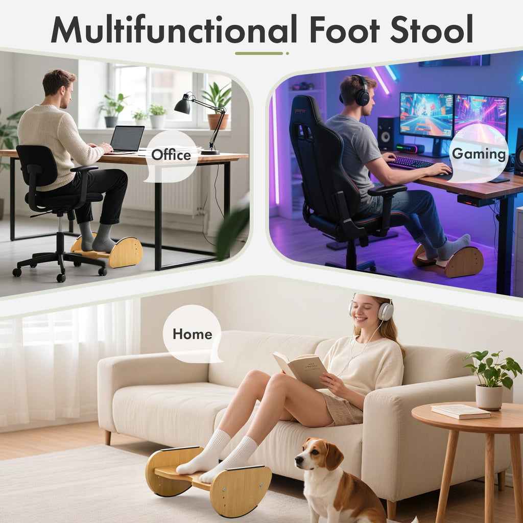 Bamboo Foot Rest for Under Desk at Work, 2-in-1 Reversible Rocking Footrest Adjustable Foot Stool, Ergonomic Footrest for Under Gaming Desk, Feet Support Leg Footstools for Home Office