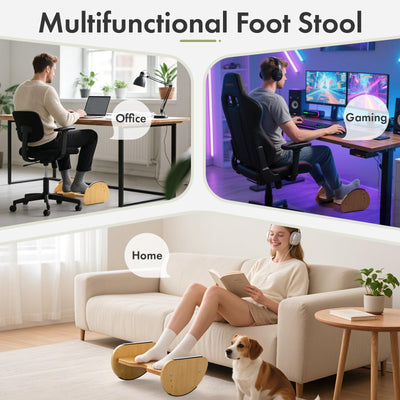 Bamboo Foot Rest for Under Desk at Work, 2-in-1 Reversible Rocking Footrest Adjustable Foot Stool, Ergonomic Footrest for Under Gaming Desk, Feet Support Leg Footstools for Home Office