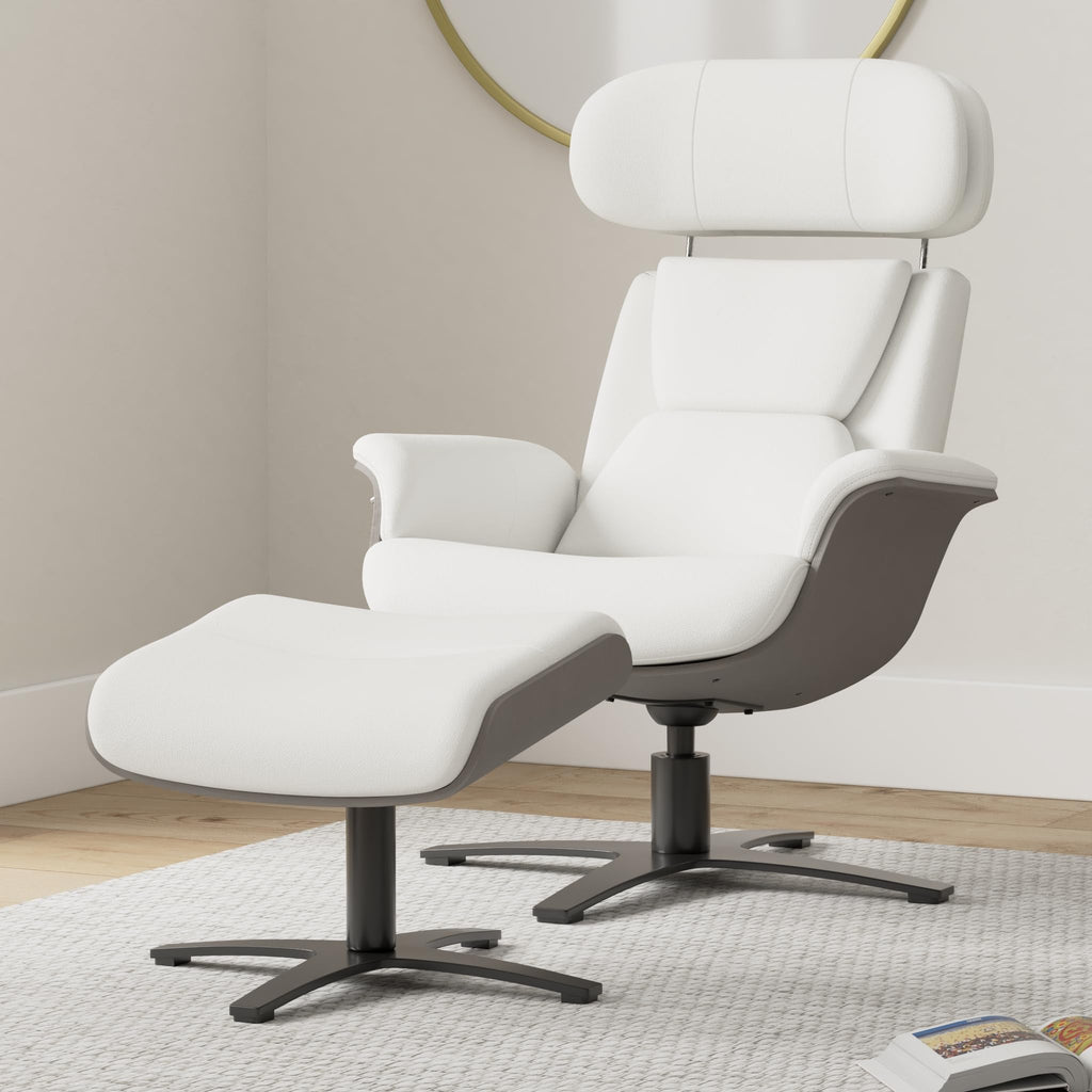 Genuine Leather Reclining Swivel Chair with Adjustable Headrest and Ottoman for Living Room, White