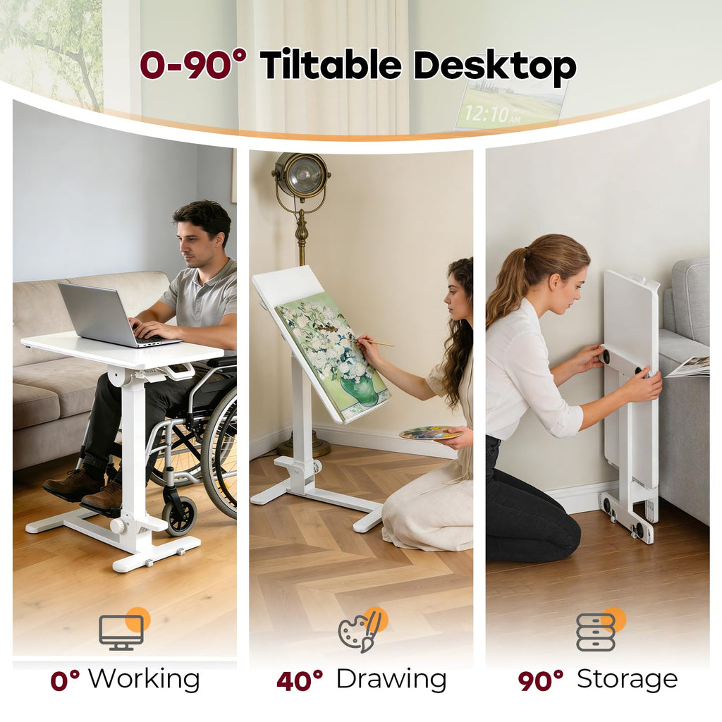 Foldable Mobile Standing Desk, 27 Inch Small Rolling Laptop Cart Height Adjustment, 90° Tiltable Bedside Table, No Assembly Needed Portable Computer Workstation, White
