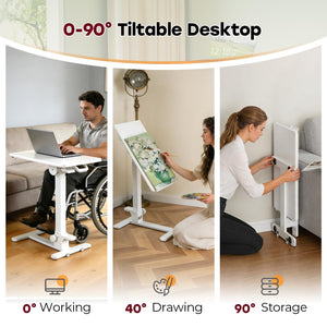 Foldable Mobile Standing Desk, 27 Inch Small Rolling Laptop Cart Height Adjustment, 90° Tiltable Bedside Table, No Assembly Needed Portable Computer Workstation, White