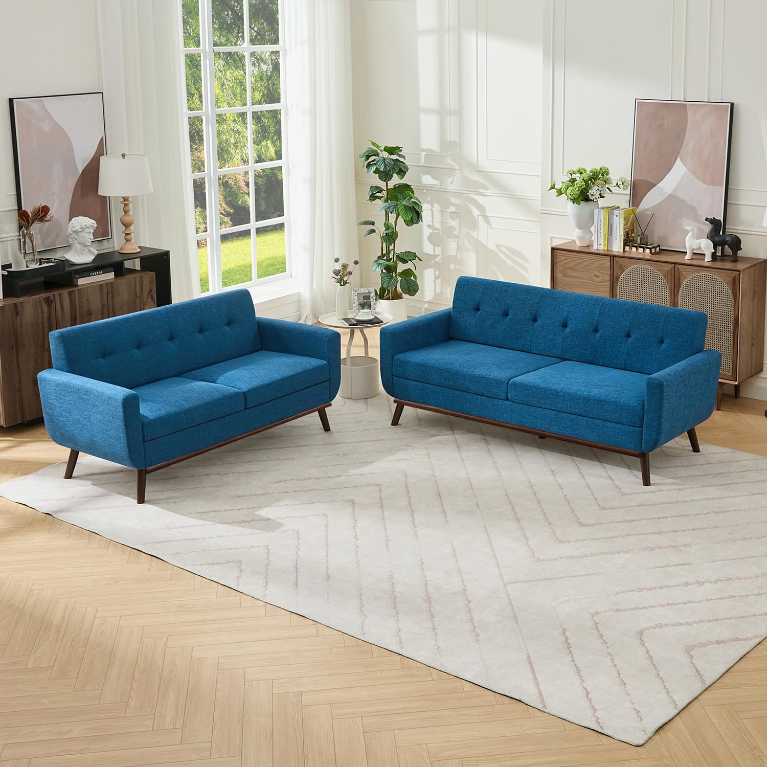 Living Room Furniture Sets, Loveseat & Standard, Mid Century Modern Decor Sofa Couches, Button Tufted Upholstered Furniture, Blue