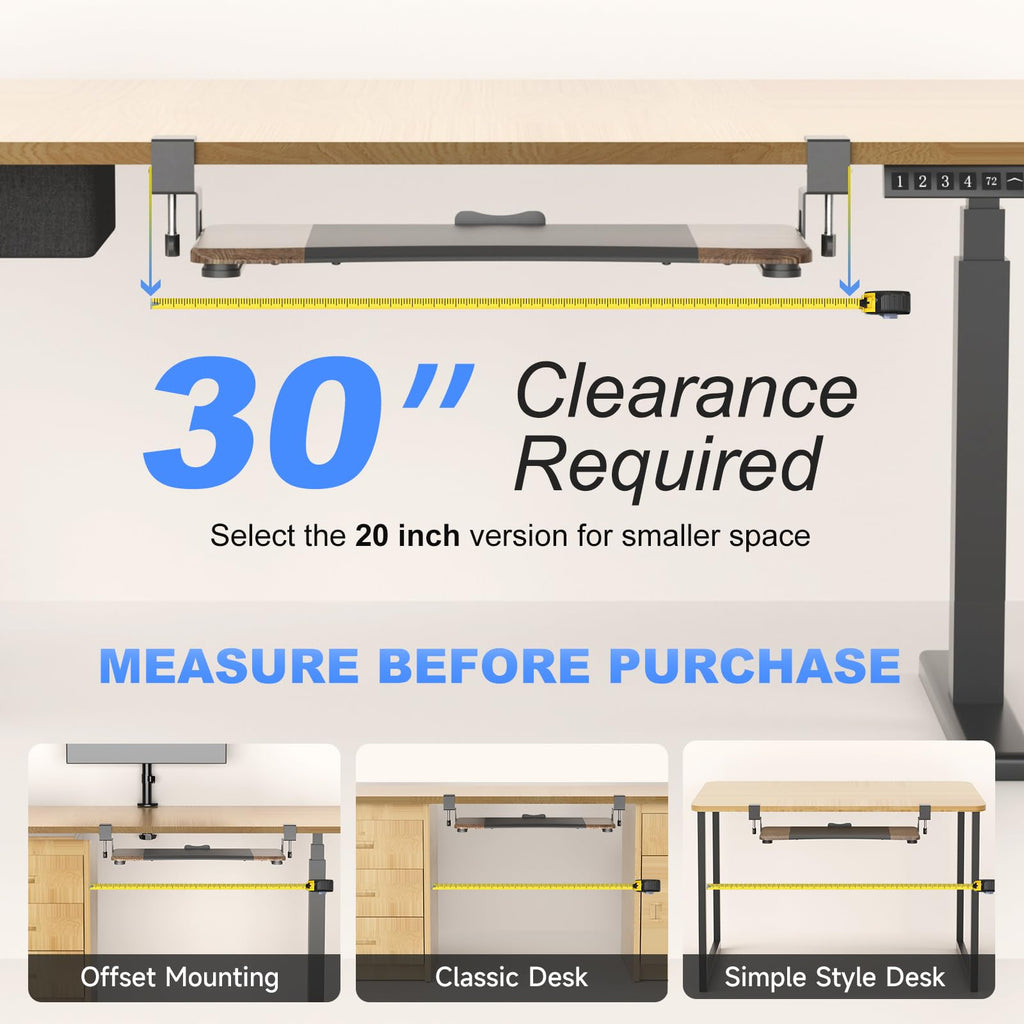 Keyboard Tray Under Desk Pull Out with C Clamp Mount, Computer Keyboard & Mouse Tray, 25.6 (30 Including Clamps) x 11.8 inch Slide-Out Platform Computer Drawer for Typing, DSF1C