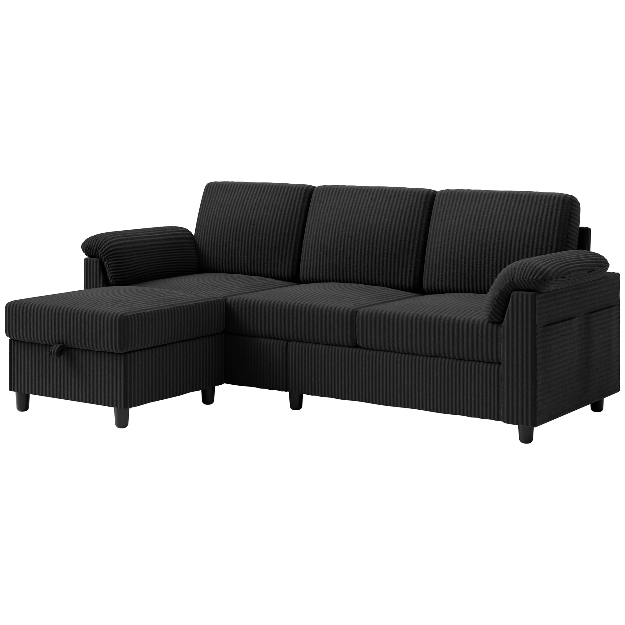 Convertible Sectional Couches, 3 Seat L Shaped Couch Sofa with Removable Pillows Soft Corduroy Fabric Small Couch Mid Century for Living Room, Apartment and Office Black