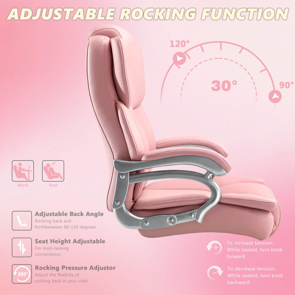 Big and Tall Office Chair,500lbs Capacity Heavy Duty Office Chair for Heavy People, High Back Executive Computer Chair with Adjustable Lumbar Support, Quiet Rubber Wheel (Pink)
