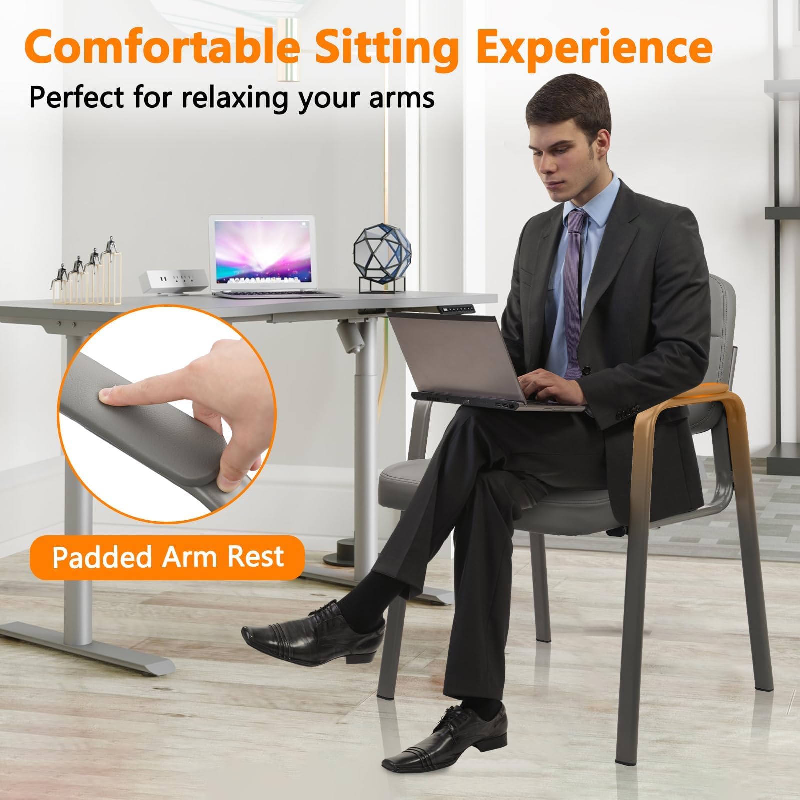 6 Pack, Waiting Room Guest Chair with Bonded Leather Padded Arm Rest for Office Reception and Conference Desk(Grey)