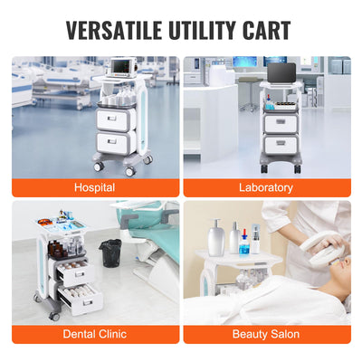 3 Tiers Lab Carts, Lab Utility Cart with 2 Drawers & 1 Top Tray, Mobile Medical Cart with ABS Material, Lab Rolling Cart with 4 Silent Wheels for Lab, Clinic, Hospital, Salon, White