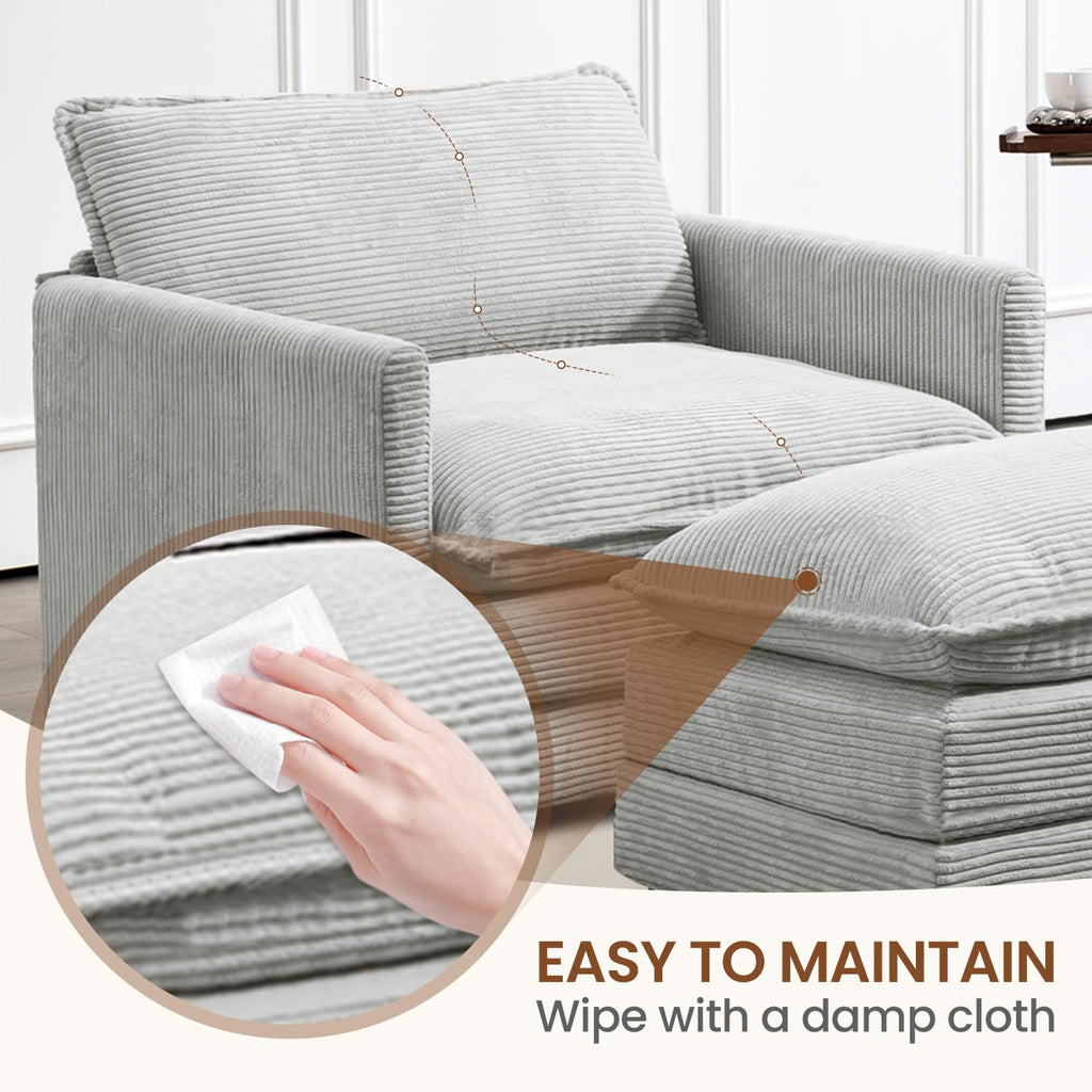 Single Armchair with Ottoman, Modern Corduroy Cloud Couch with Convertible Chaise, Upholstered Sofa Set for Living Room, Light Grey
