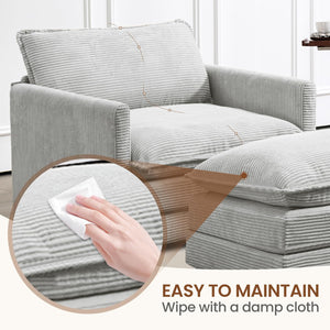 Single Armchair with Ottoman, Modern Corduroy Cloud Couch with Convertible Chaise, Upholstered Sofa Set for Living Room, Light Grey