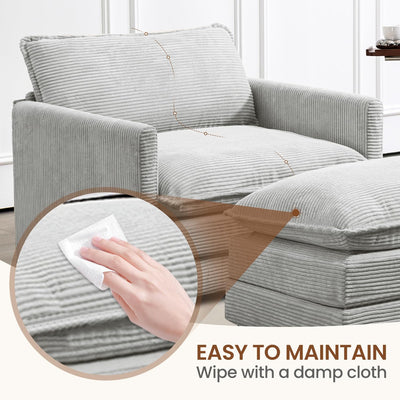 Single Armchair with Ottoman, Modern Corduroy Cloud Couch with Convertible Chaise, Upholstered Sofa Set for Living Room, Light Grey
