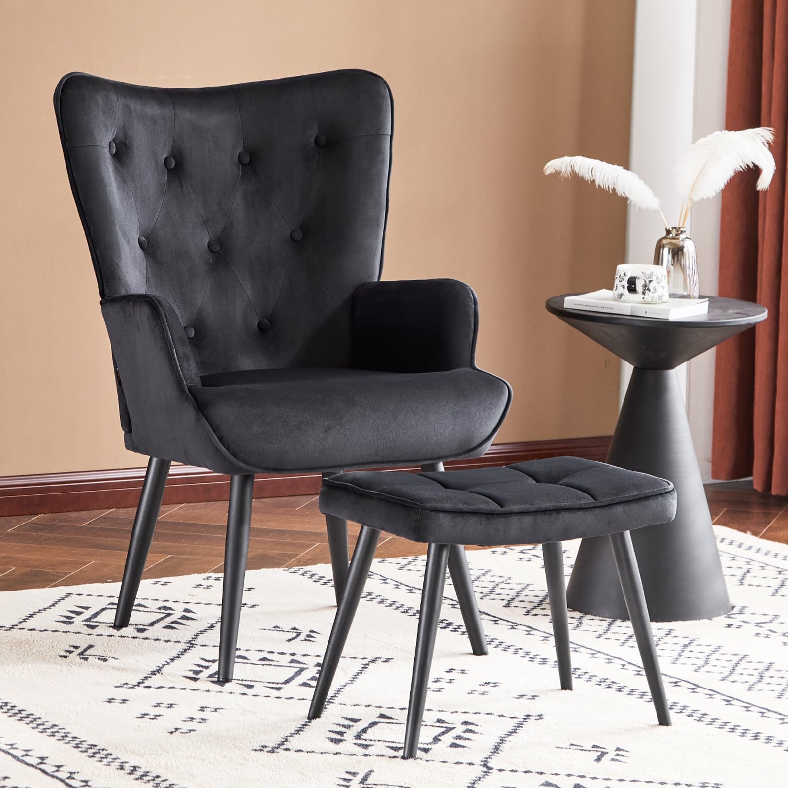 Velvet Accent Chair with Ottoman, Upholstered Reading Chair with High Backrest, Tufted-Button Wingback Armchair for Bedroom, Dressing Room, Home Office, Black