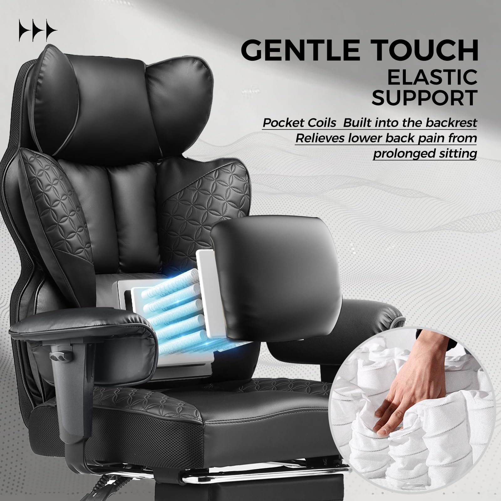 Big and Tall Office Chair Heavy Duty Wide Ergonomic Gaming Chair with Deluxe Embossing Designed Leather with Foot Rest,150°Reclining Adjustable Armrests Pocket Spring Back Support and Pillow