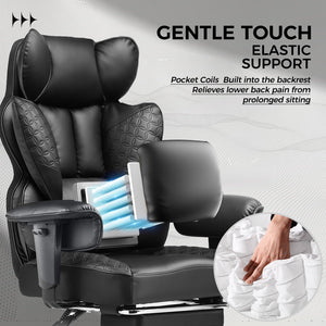 Big and Tall Office Chair Heavy Duty Wide Ergonomic Gaming Chair with Deluxe Embossing Designed Leather with Foot Rest,150°Reclining Adjustable Armrests Pocket Spring Back Support and Pillow