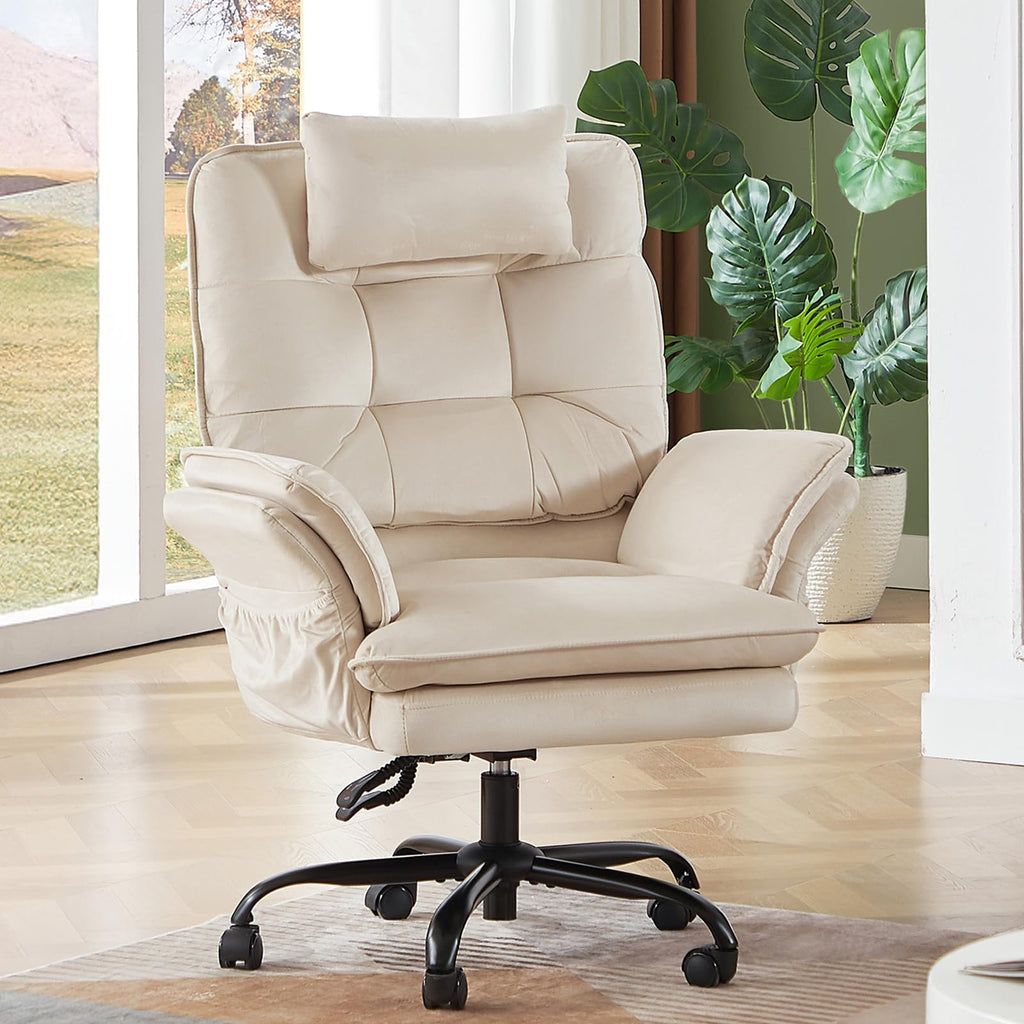 Criss Cross Chair with Flip-Up Armrests, Swivel Makeup Vanity Chair with Wheels & Side Pockets, Cross Legged Office Chair for Home Office, Bedroom (Beige Velvet, High Back)