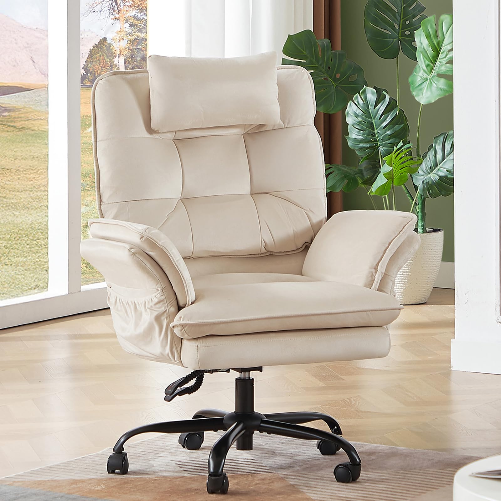 Criss Cross Chair with Flip-Up Armrests, Swivel Makeup Vanity Chair with Wheels & Side Pockets, Cross Legged Office Chair for Home Office, Bedroom (Beige Velvet, High Back)