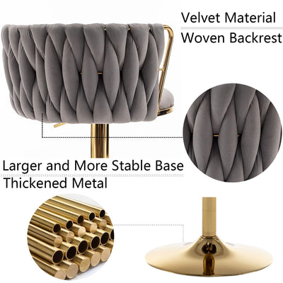 Gold Velvet Bar Stools Set of 6, Swivel Counter Height Bar Stools with Back, Adjustable Woven Barstools for Kitchen Island, Pub, Club (Grey)