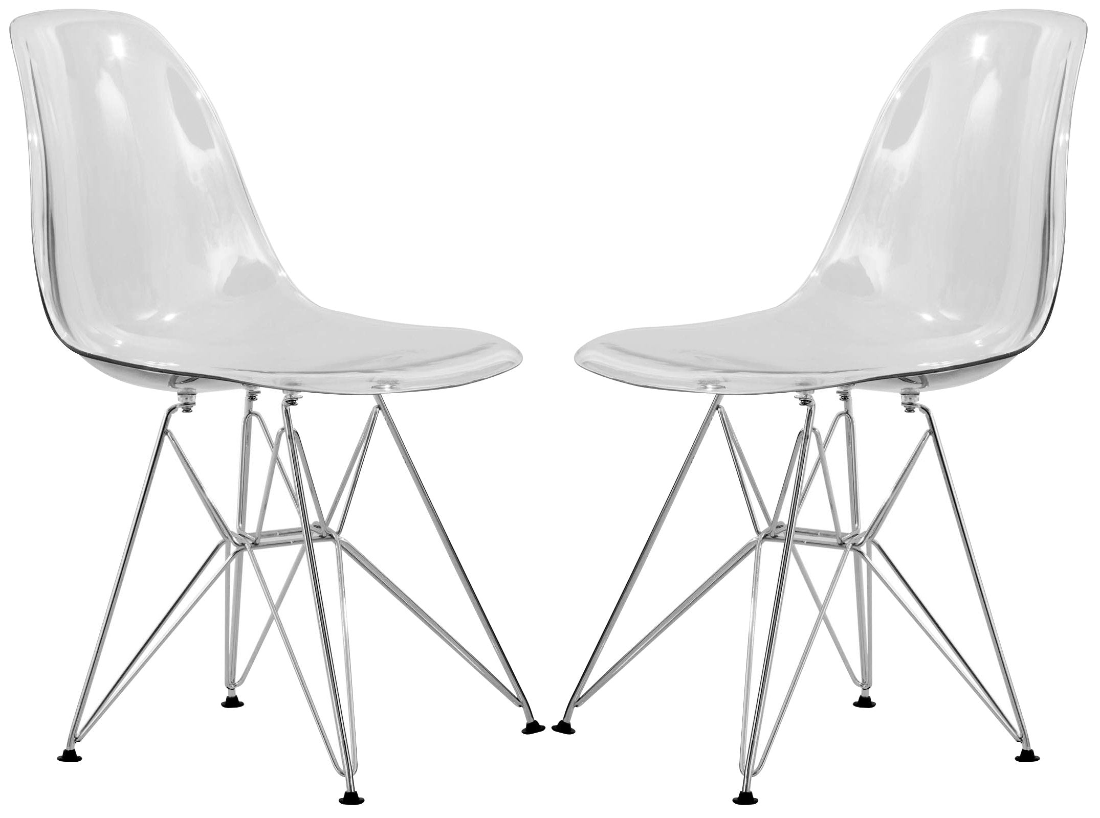 Dining, Modern Chrome Eiffel Base and Curved Back Design, Ergonomic and Lightweight Accent Side Chair for Mid-Century Home, Kitchen, and Café (Clear, Set of 2)