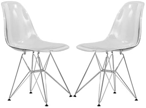 Dining, Modern Chrome Eiffel Base and Curved Back Design, Ergonomic and Lightweight Accent Side Chair for Mid-Century Home, Kitchen, and Café (Clear, Set of 2)