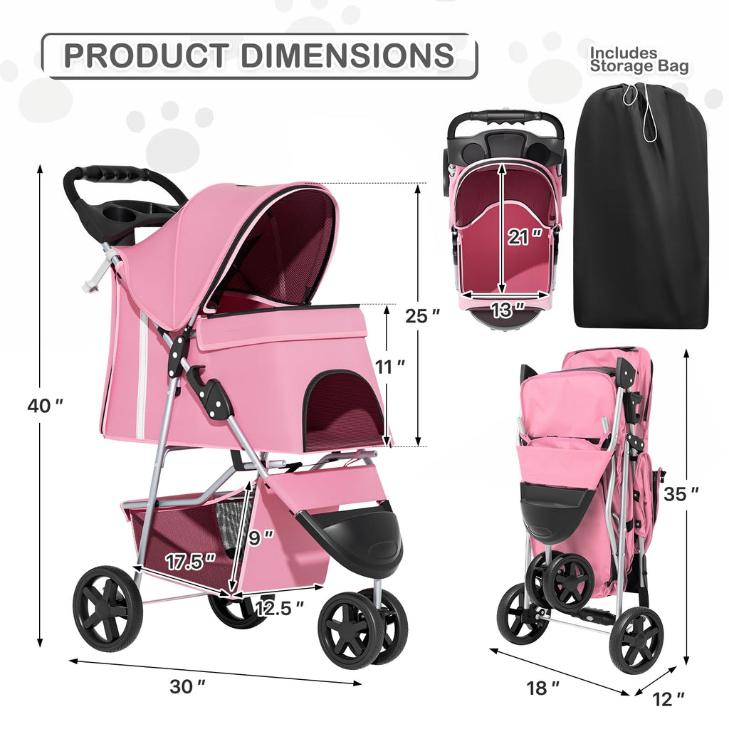 3-Wheels Foldable Pet Stroller with Waterproof Cover, Pet Strolling Cart for Small/Medium Dogs and Cats with Storage Basket and Cup Holder, Breathable and Visible Mesh for All-Season, Pink