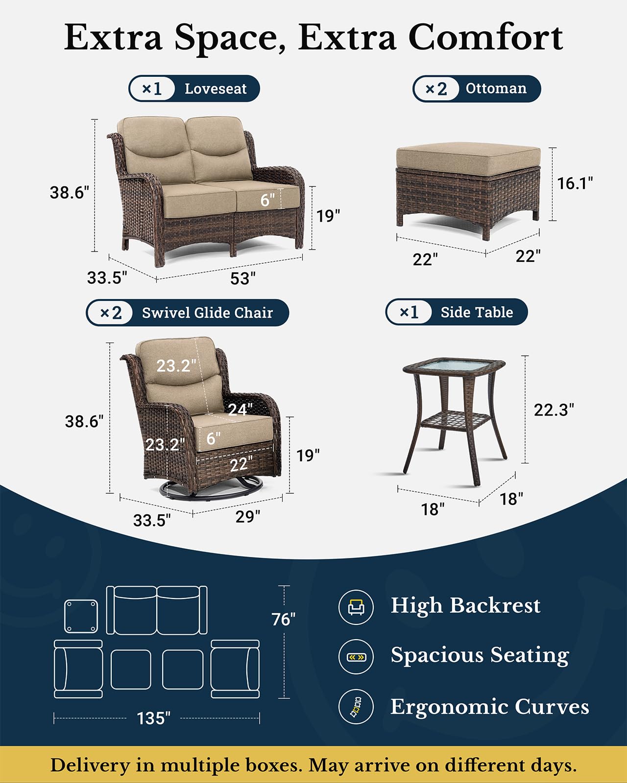 Luxury Patio Furniture Set with 6-inch Thick Cushion, Outdoor Loveseat and High Back Swivel Rocker Patio Chairs, 6PCS Wicker Conversation Set for Deck Yard and Poolside, Beige (V2)