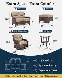Luxury Patio Furniture Set with 6-inch Thick Cushion, Outdoor Loveseat and High Back Swivel Rocker Patio Chairs, 6PCS Wicker Conversation Set for Deck Yard and Poolside, Beige (V2)