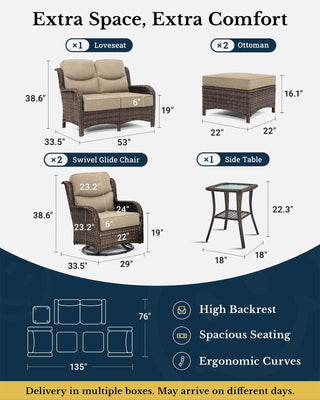 Luxury Patio Furniture Set with 6-inch Thick Cushion, Outdoor Loveseat and High Back Swivel Rocker Patio Chairs, 6PCS Wicker Conversation Set for Deck Yard and Poolside, Beige (V2)