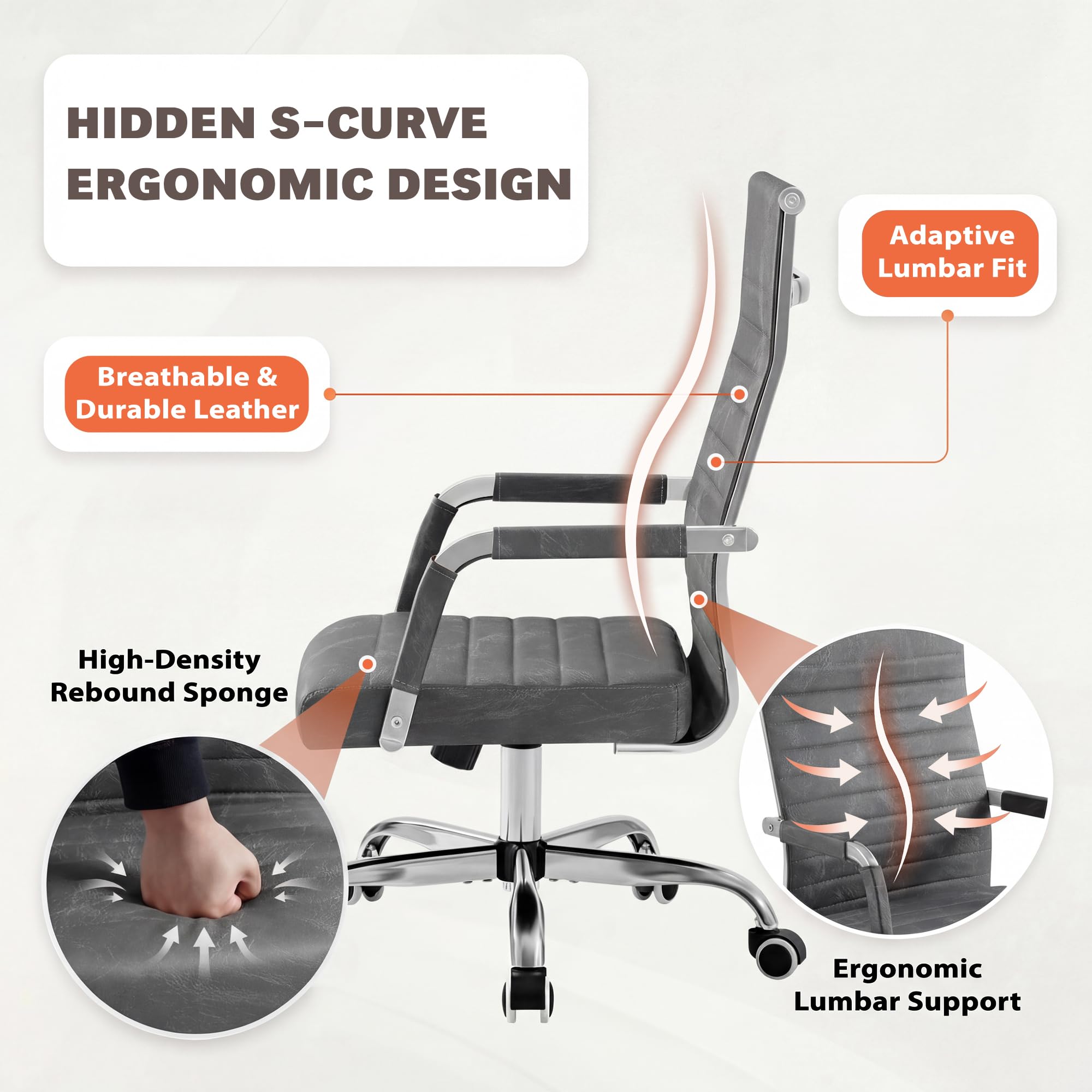 Ergonomic Office Desk Chair, Executive Ribbed Mid-Back PU Leather Conference Room Chair Adjustable Swivel Chair with Arms (1, Bicolor Vintage Grey)