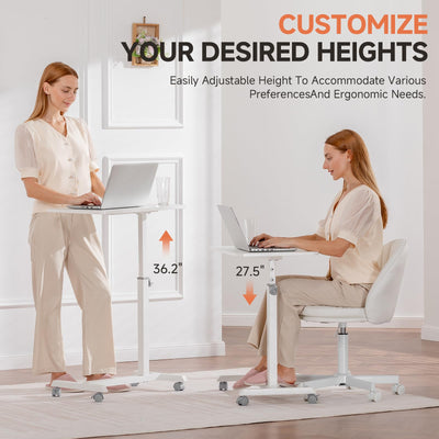 Small Standing Desk, 24 Inches Mobile Rolling Laptop PC Table with Lockable Casters, Adjustable Height Overbed Bedside Table Computer Workstation for Home Office, White-Fixed