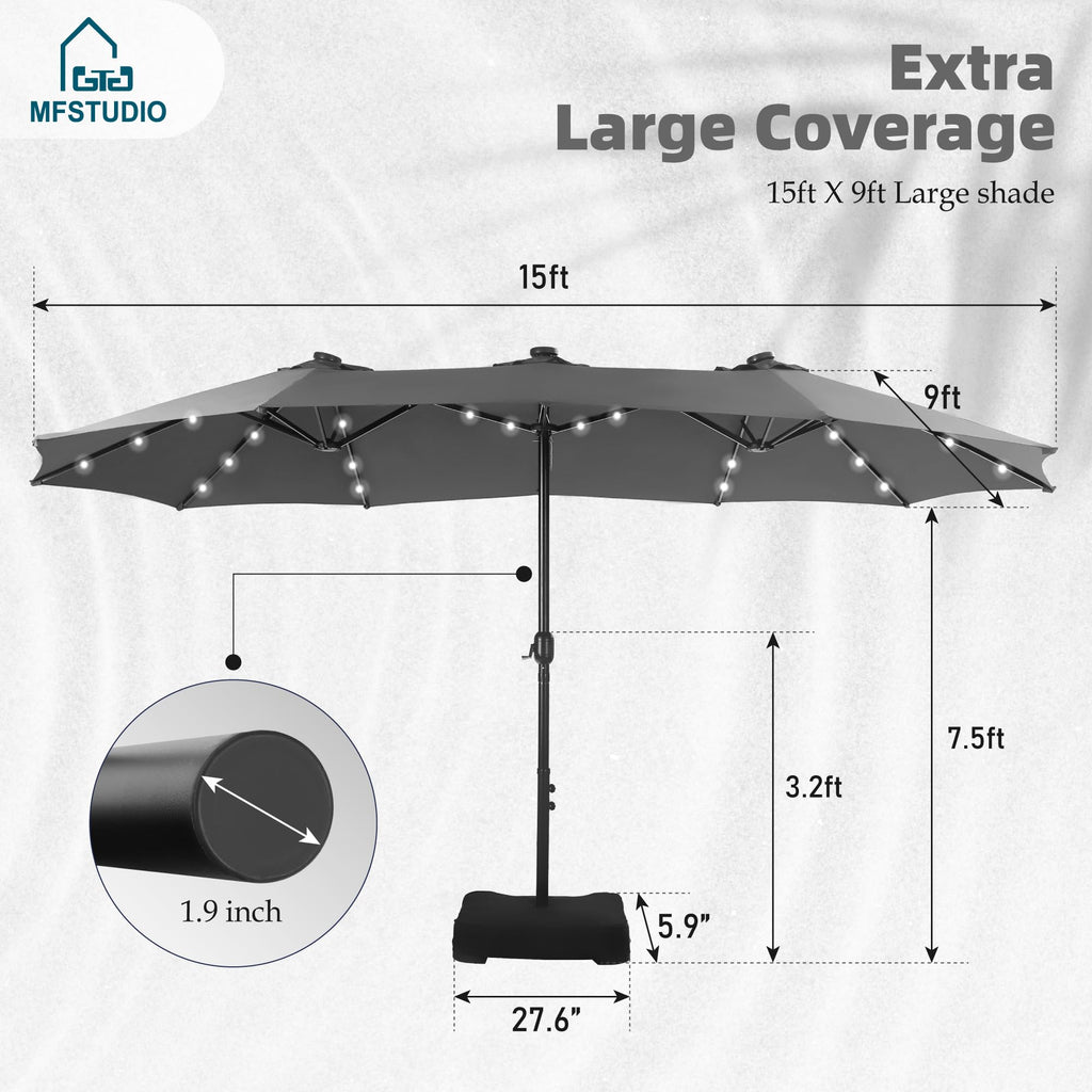 15ft Double Sided Patio Umbrella with Solar Lights, Outdoor Large Umbrellas with Crank Handle and 36 LED Lights, Rectangular Market Umbrella with Base Included for Deck Pool Shade, Smoky Gray