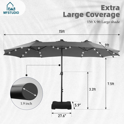 15ft Double Sided Patio Umbrella with Solar Lights, Outdoor Large Umbrellas with Crank Handle and 36 LED Lights, Rectangular Market Umbrella with Base Included for Deck Pool Shade, Smoky Gray
