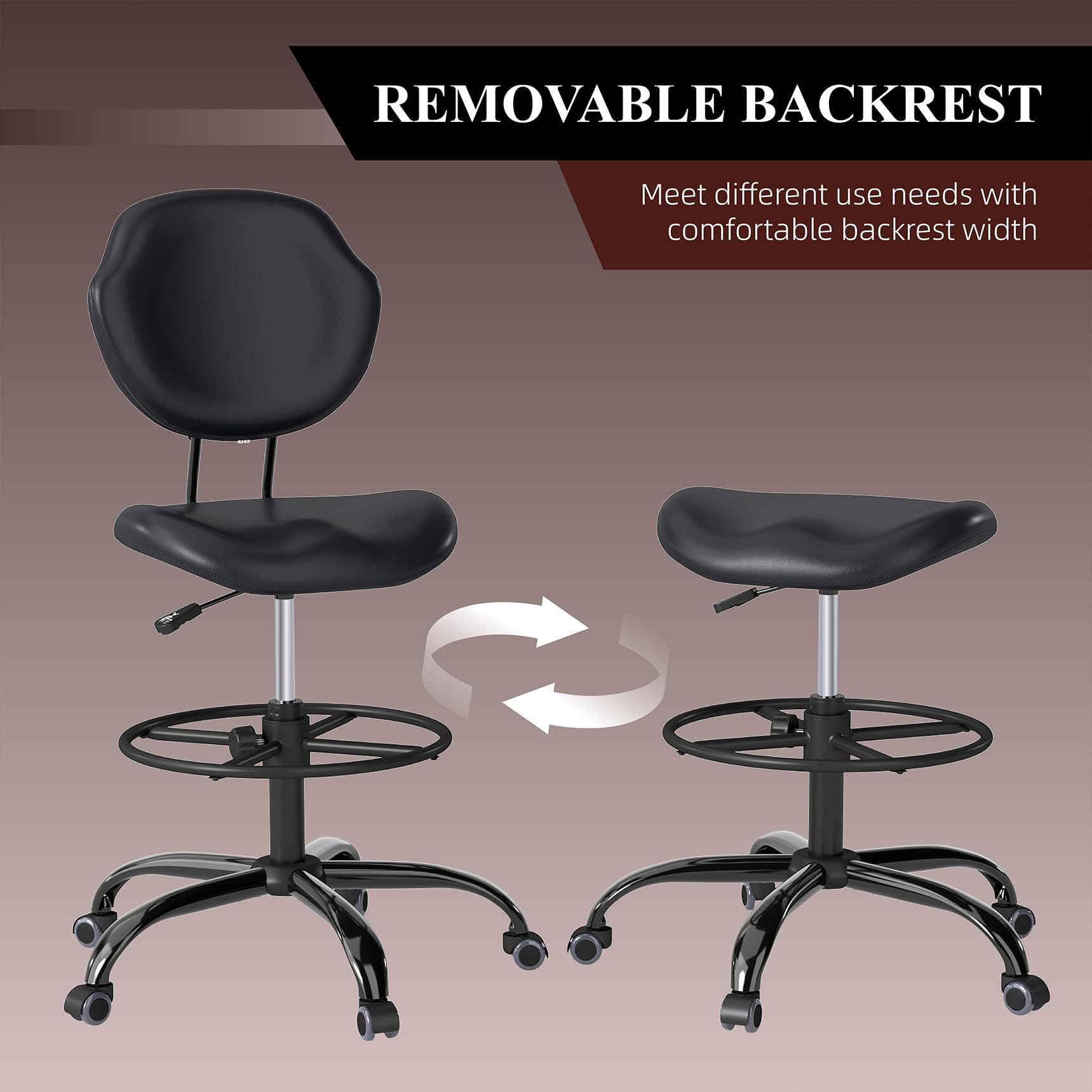 (Black, 4 Pack) Drafting Chair with Back Support, Tall/High Desk Rolling Stool, Faux Leather Office Chair with Height Adjustable for Standing Desk, Home Office, Bar, Workbench & Kitchen