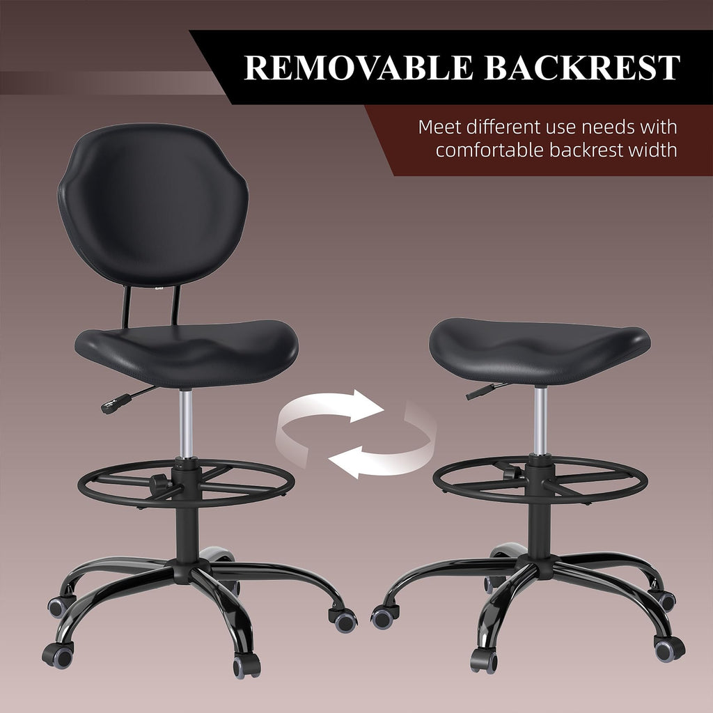 (Black, 10 Pack) Drafting Chair with Back Support, Tall/High Desk Rolling Stool, Faux Leather Office Chair with Height Adjustable for Standing Desk, Home Office, Bar, Workbench & Kitchen
