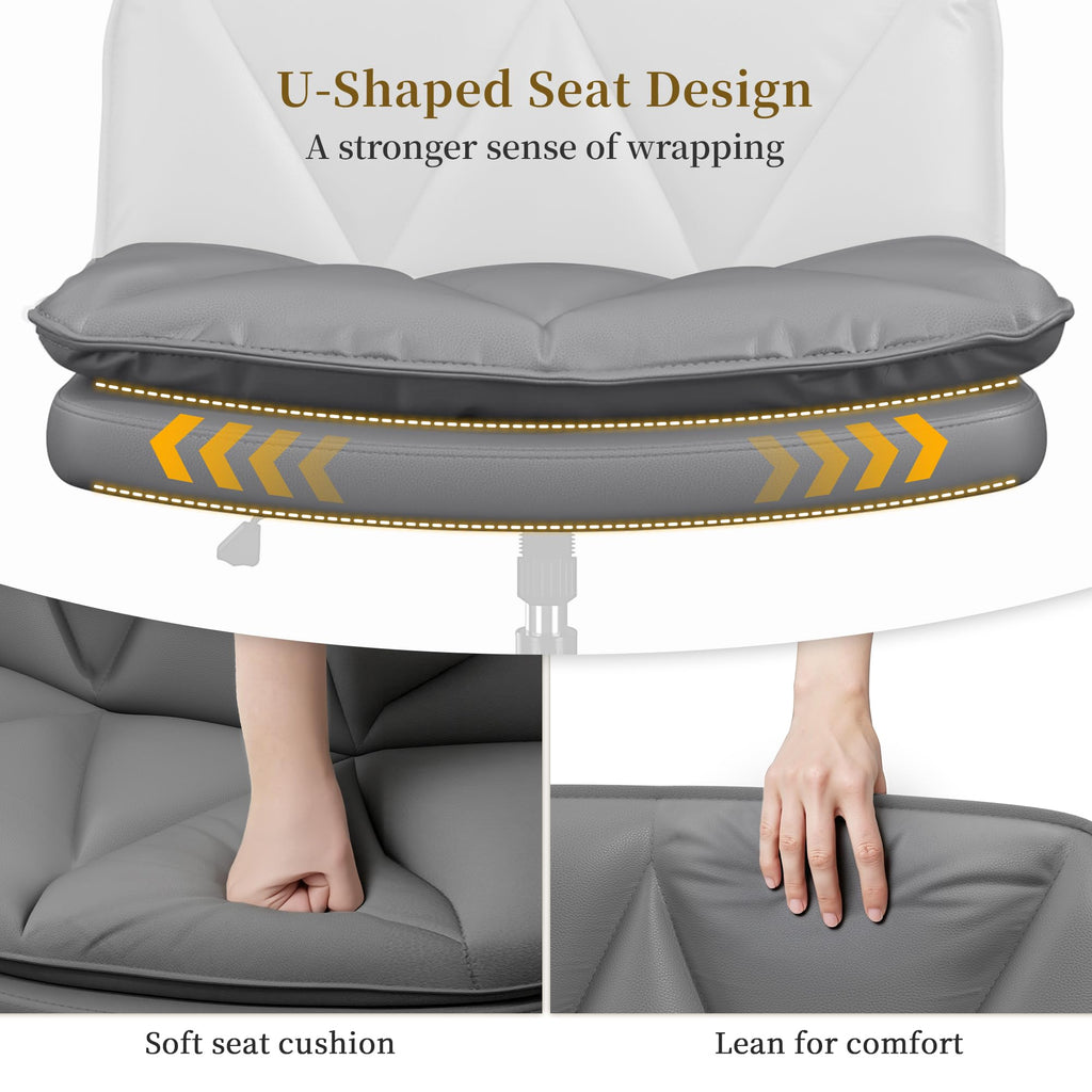 Ergonomic Office Chair, Comfy Criss Cross Chair with Wheels and 2 Layer Cushion, Wide Swivel Chair for Bedroom, Home Office, Makp-up Room, PU Leather, Grey