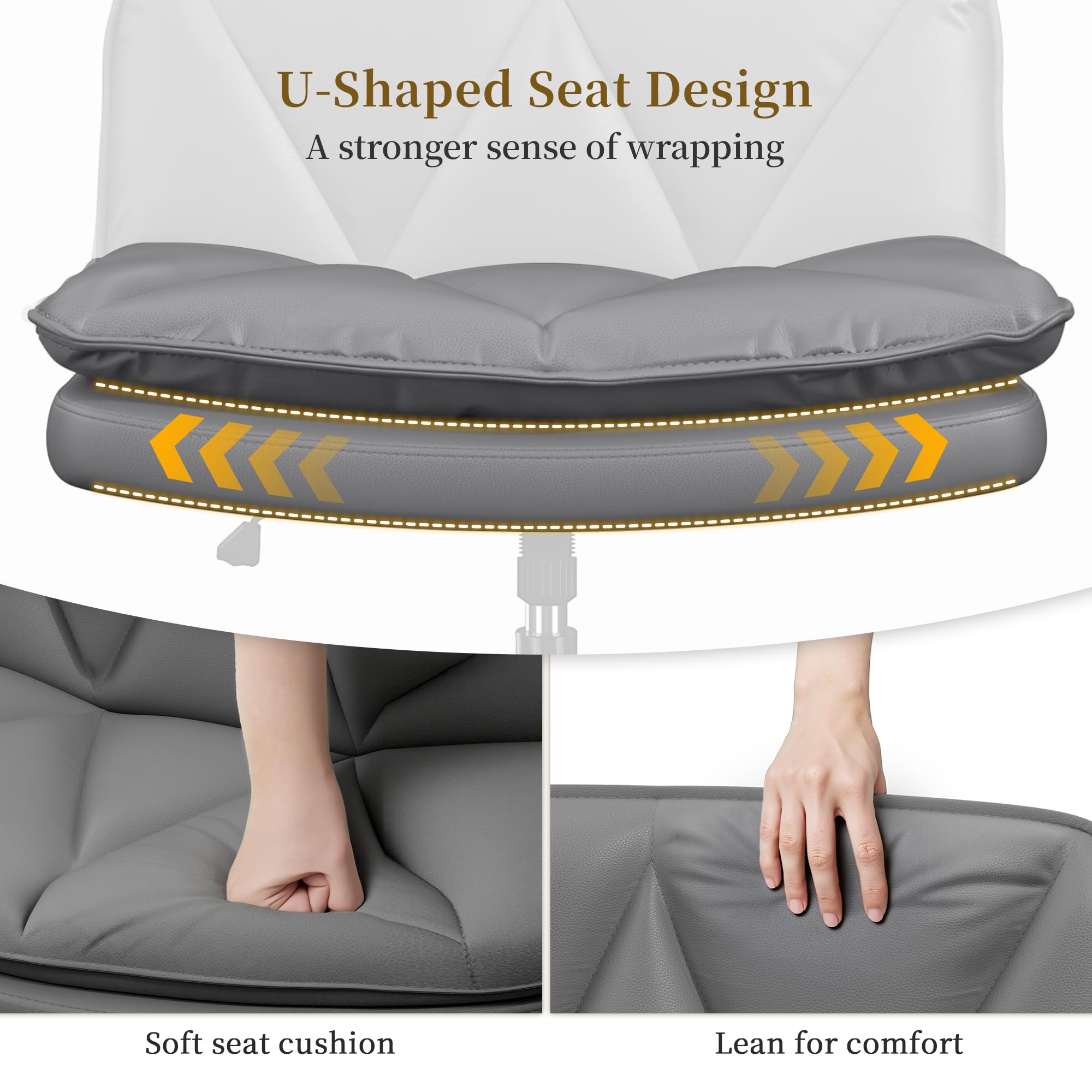 Ergonomic Office Chair, Comfy Criss Cross Chair with Wheels and 2 Layer Cushion, Wide Swivel Chair for Bedroom, Home Office, Makp-up Room, PU Leather, Grey