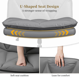 Ergonomic Office Chair, Comfy Criss Cross Chair with Wheels and 2 Layer Cushion, Wide Swivel Chair for Bedroom, Home Office, Makp-up Room, PU Leather, Grey